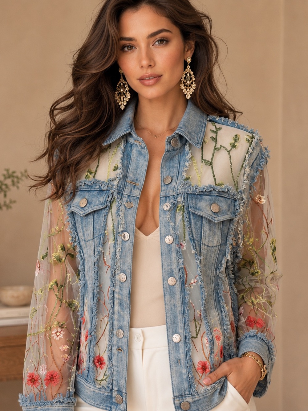 A.Z.I. Vintage Inspired Embroidered Sheer Mesh Denim Statement Jacket- Medium